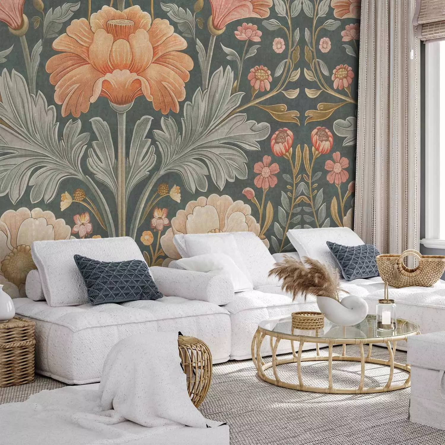 Wall Mural Retro Flowers - Delicate Flowers and Leaves in Vintage Style -  bimago, image size:1500x1500