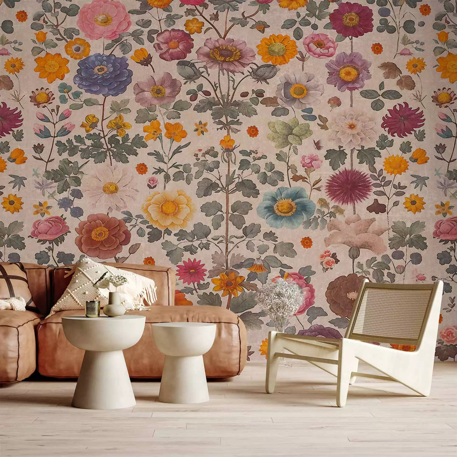 Photo Wallpaper Spring Rhapsody - Flowers in Shades of Pink, Yellow, and Purple