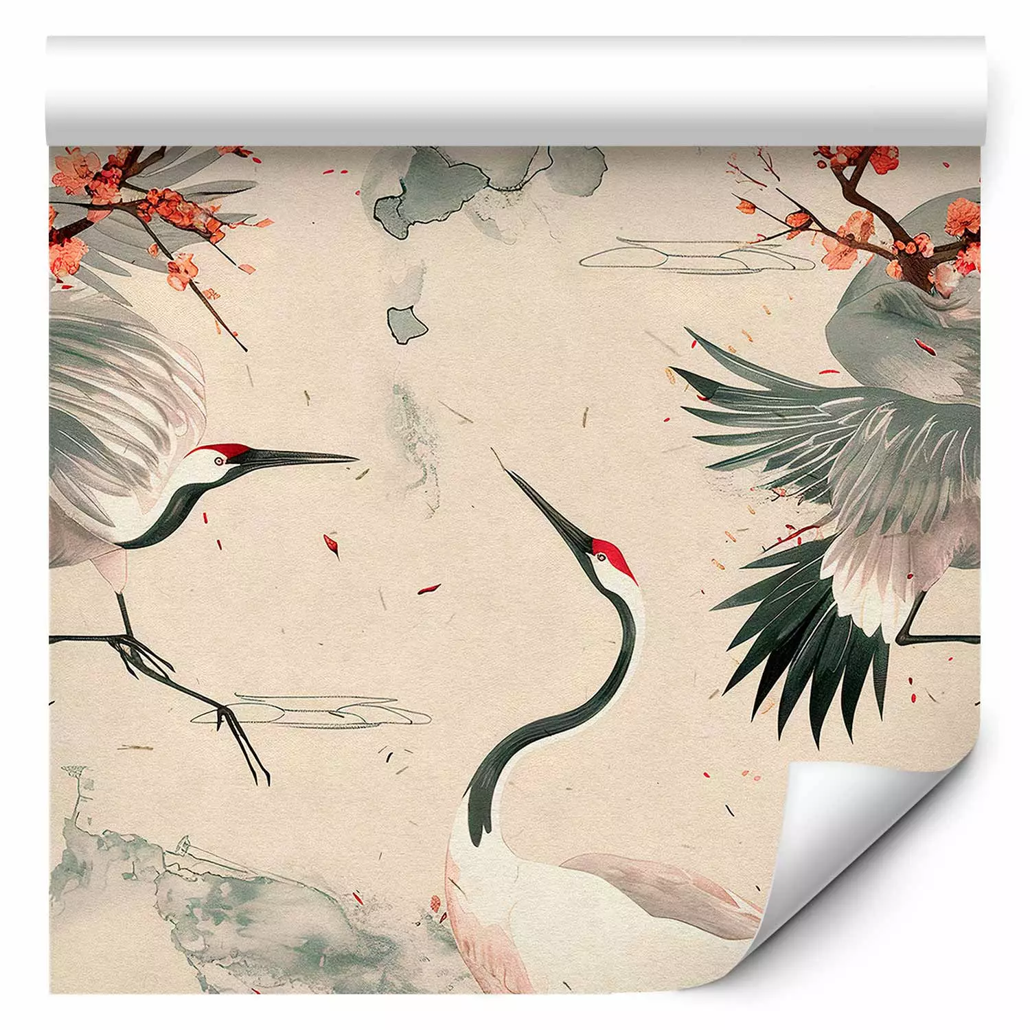 Modern Wallpaper Japanese Elegance - Cranes Among Blooming Branches on Watercolor Background