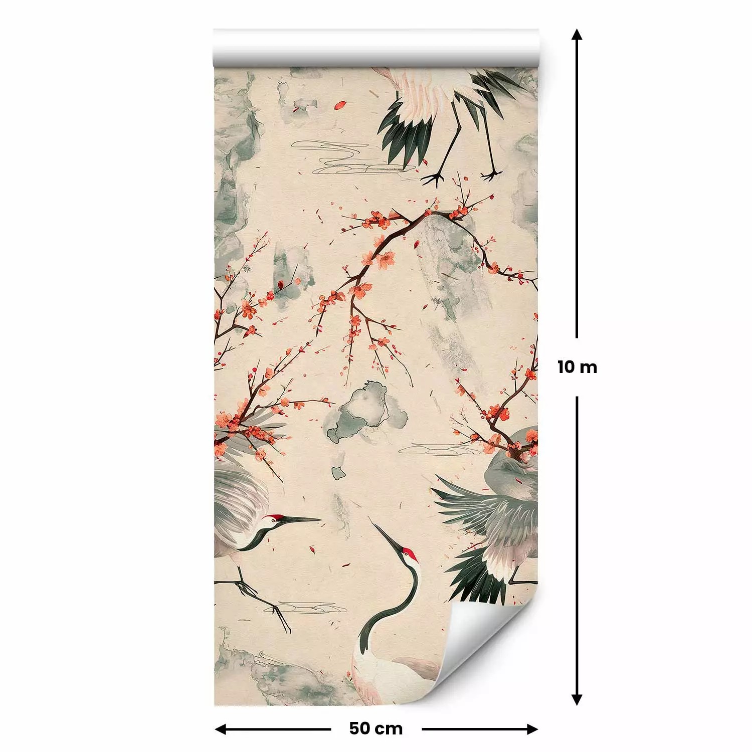 Modern Wallpaper Japanese Elegance - Cranes Among Blooming Branches on Watercolor Background