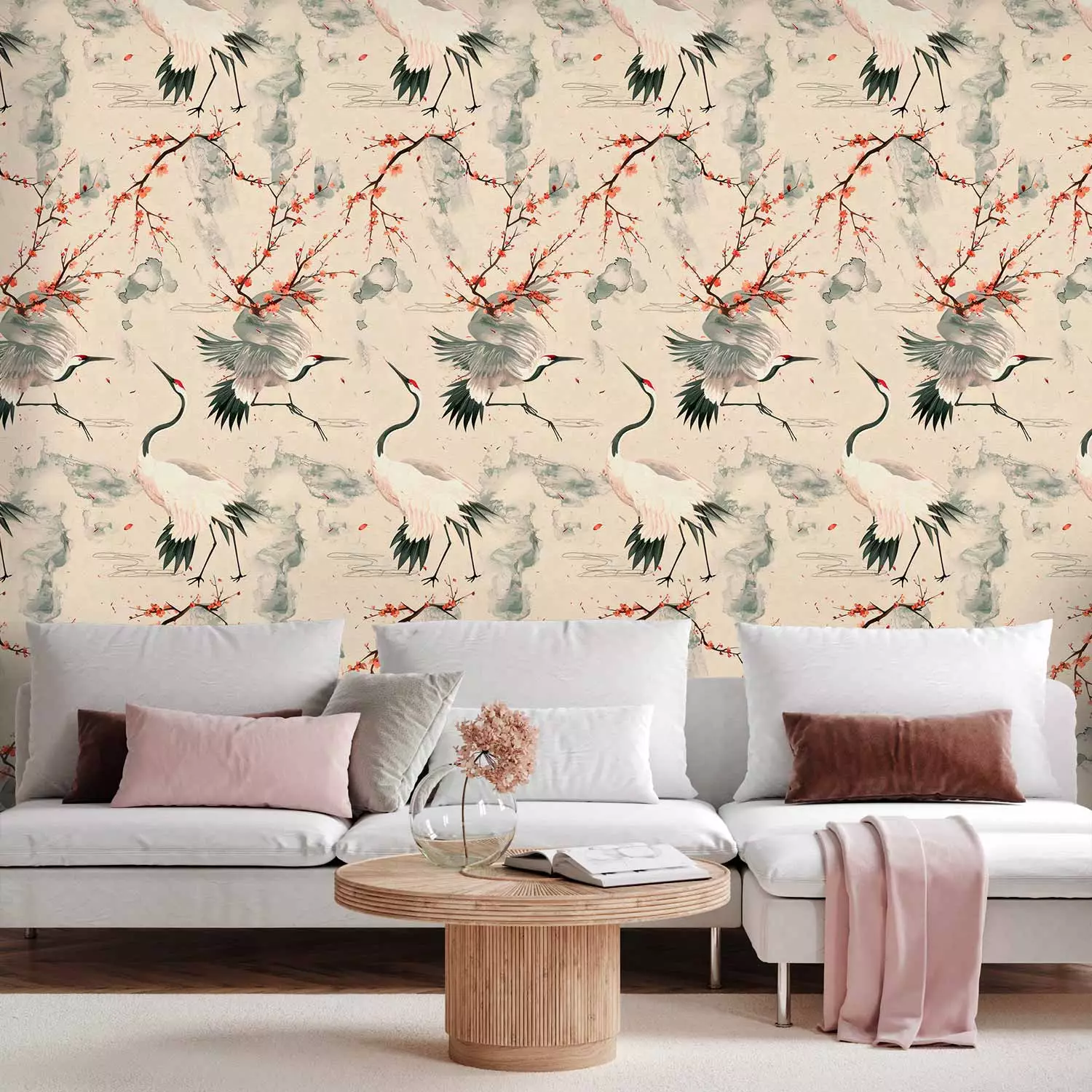 Modern Wallpaper Japanese Elegance - Cranes Among Blooming Branches on Watercolor Background