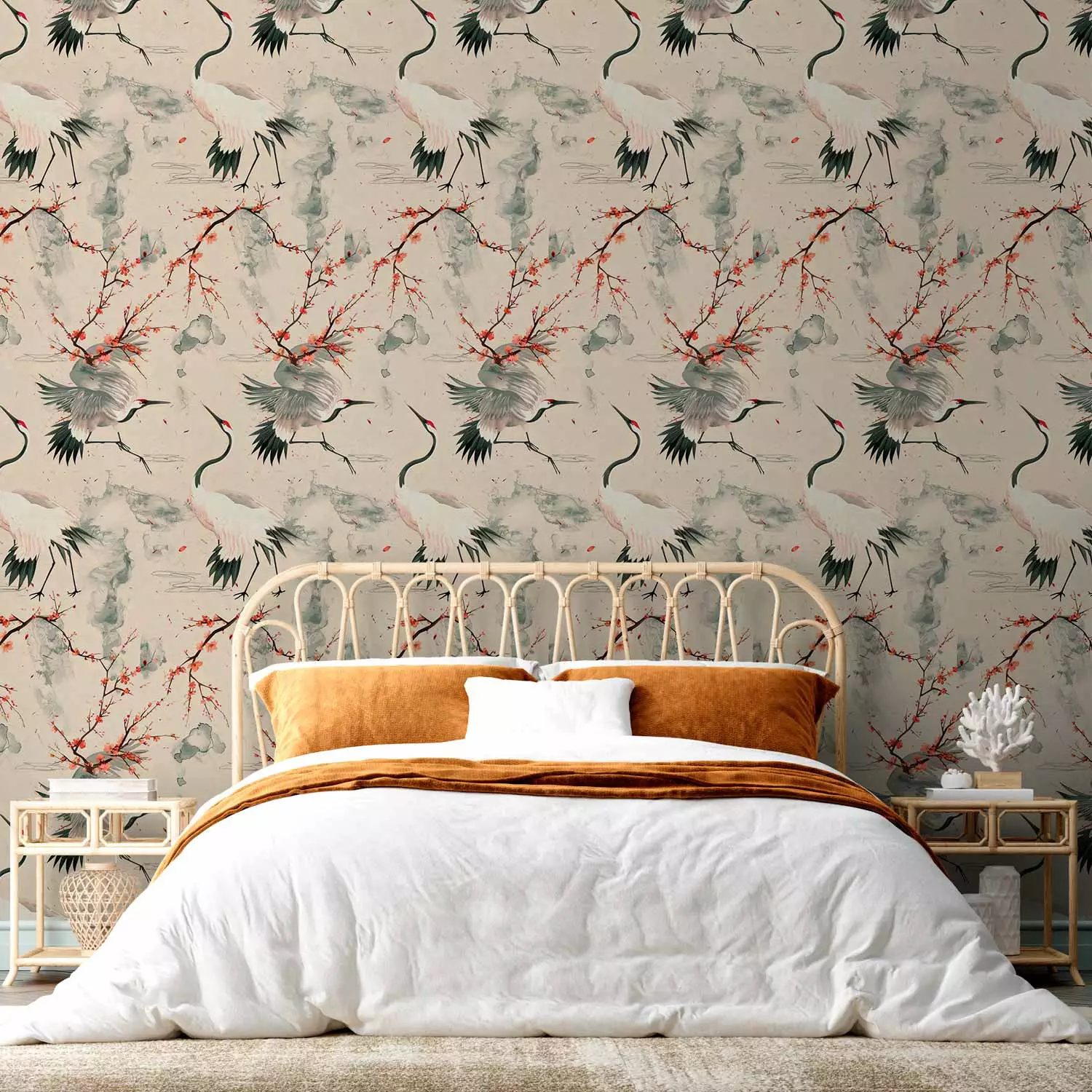 Modern Wallpaper Japanese Elegance - Cranes Among Blooming Branches on Watercolor Background