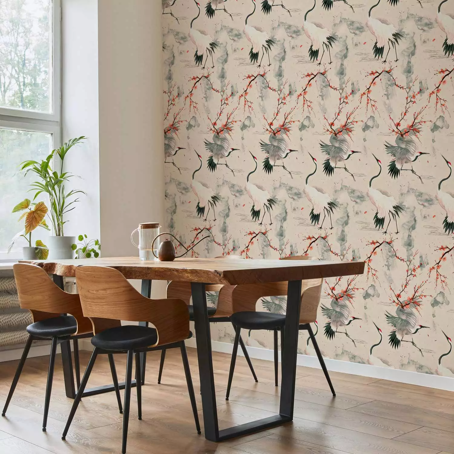 Modern Wallpaper Japanese Elegance - Cranes Among Blooming Branches on Watercolor Background