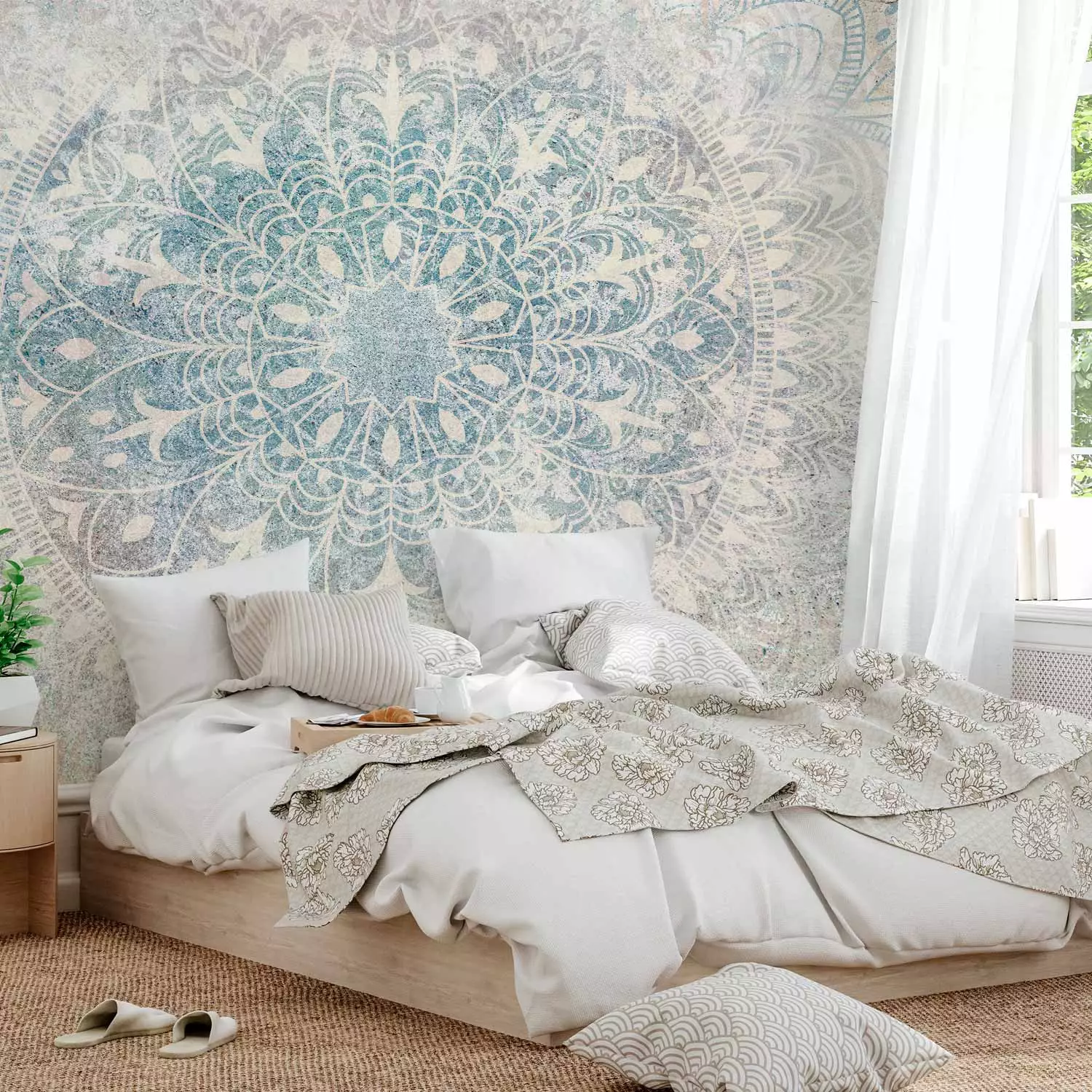 Wall Mural Dream Mandala - Delicate Pattern in Blue-Beige Color Scheme