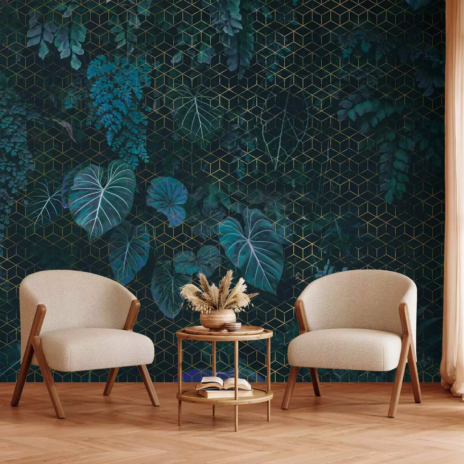 Wall Mural Geometric Greenery - Gold Grid on Lush Vegetation Background
