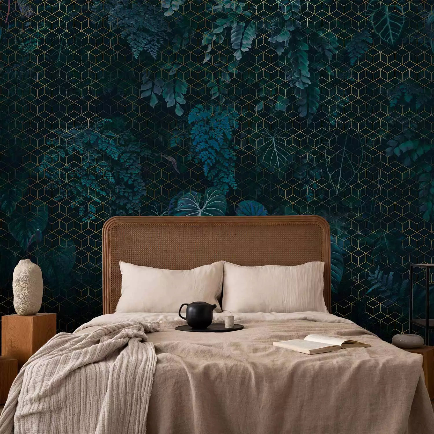 Wall Mural Geometric Greenery - Gold Grid on Lush Vegetation Background
