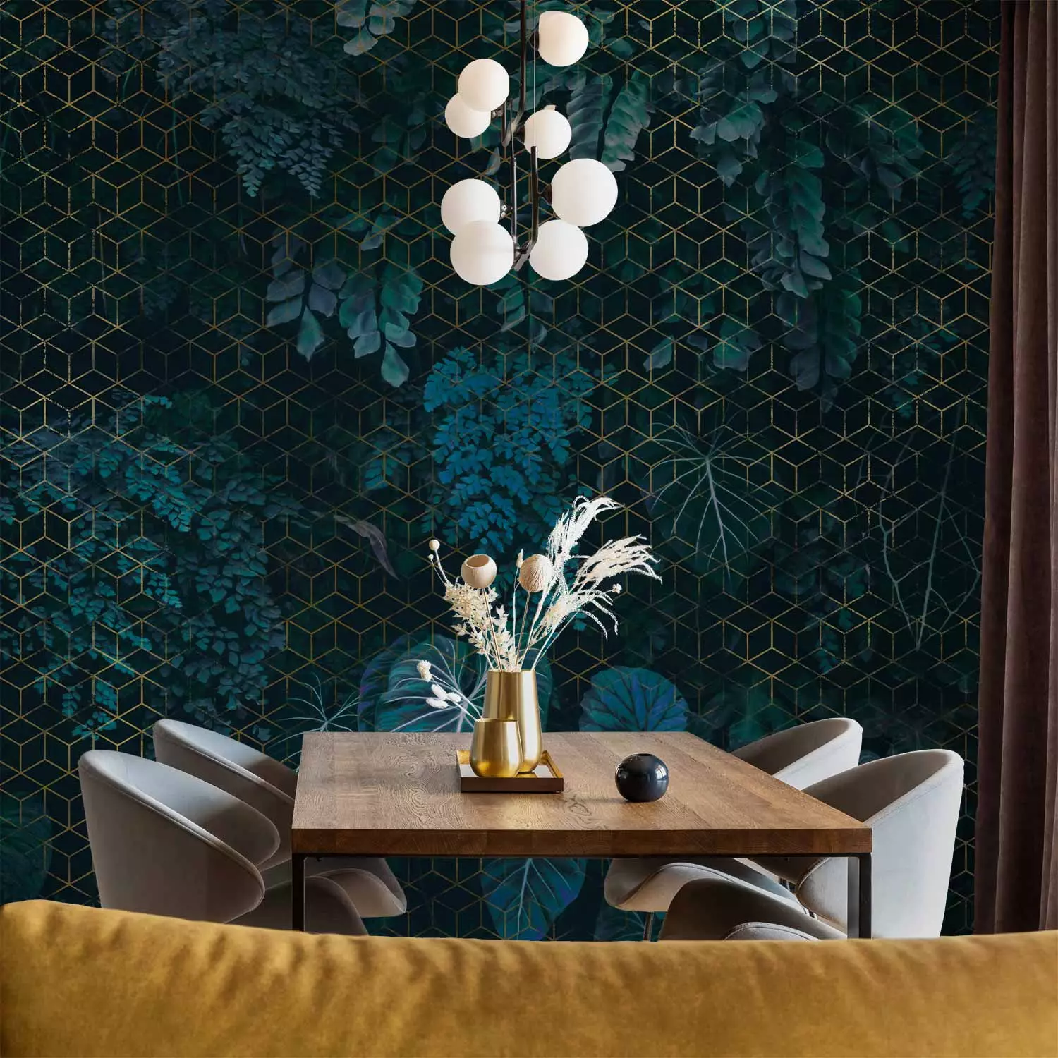 Wall Mural Geometric Greenery - Gold Grid on Lush Vegetation Background