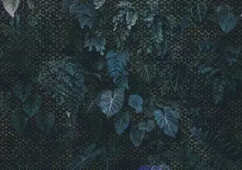 Wall Mural Geometric Greenery - Gold Grid on Lush Vegetation Background Wallpaper Cropper