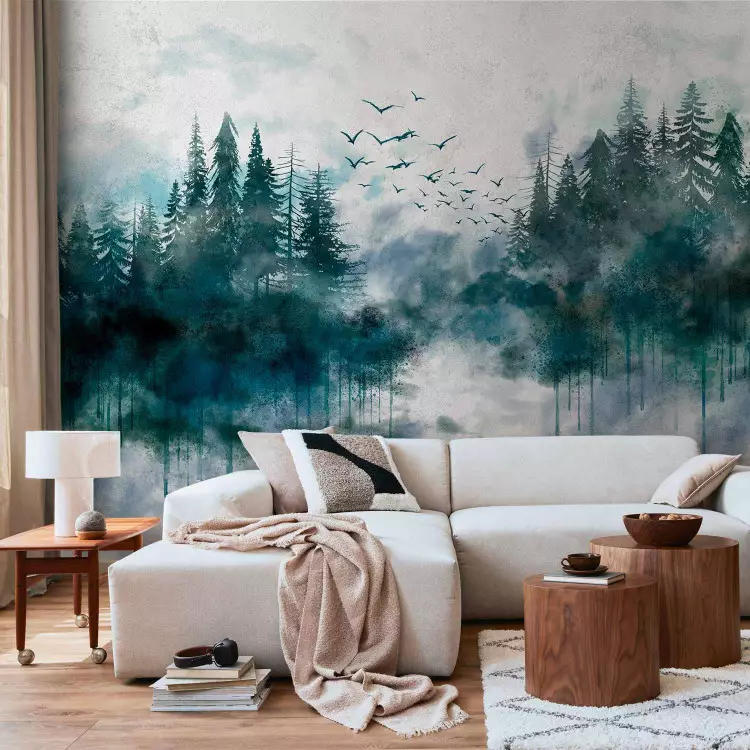 Forest Haze - Mist and Trees in the Fog with Flying Bird