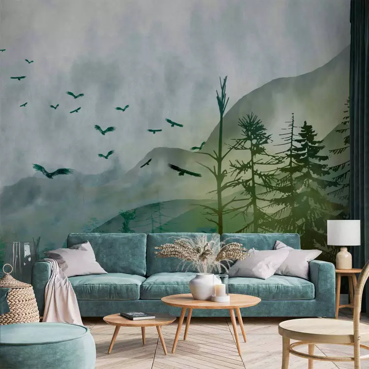 Green Hills - Misty Mountains with Flying Birds