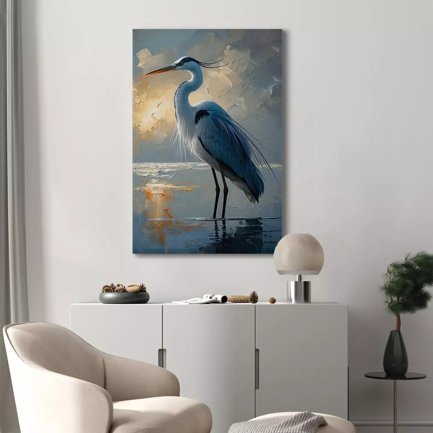 Canvas Heron on the Lake - Subtle Sunrise Colors and Bird in Water