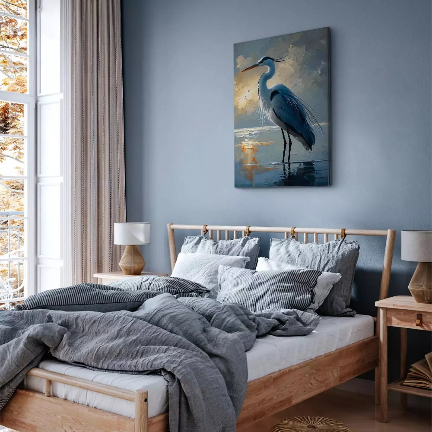 Canvas Heron on the Lake - Subtle Sunrise Colors and Bird in Water