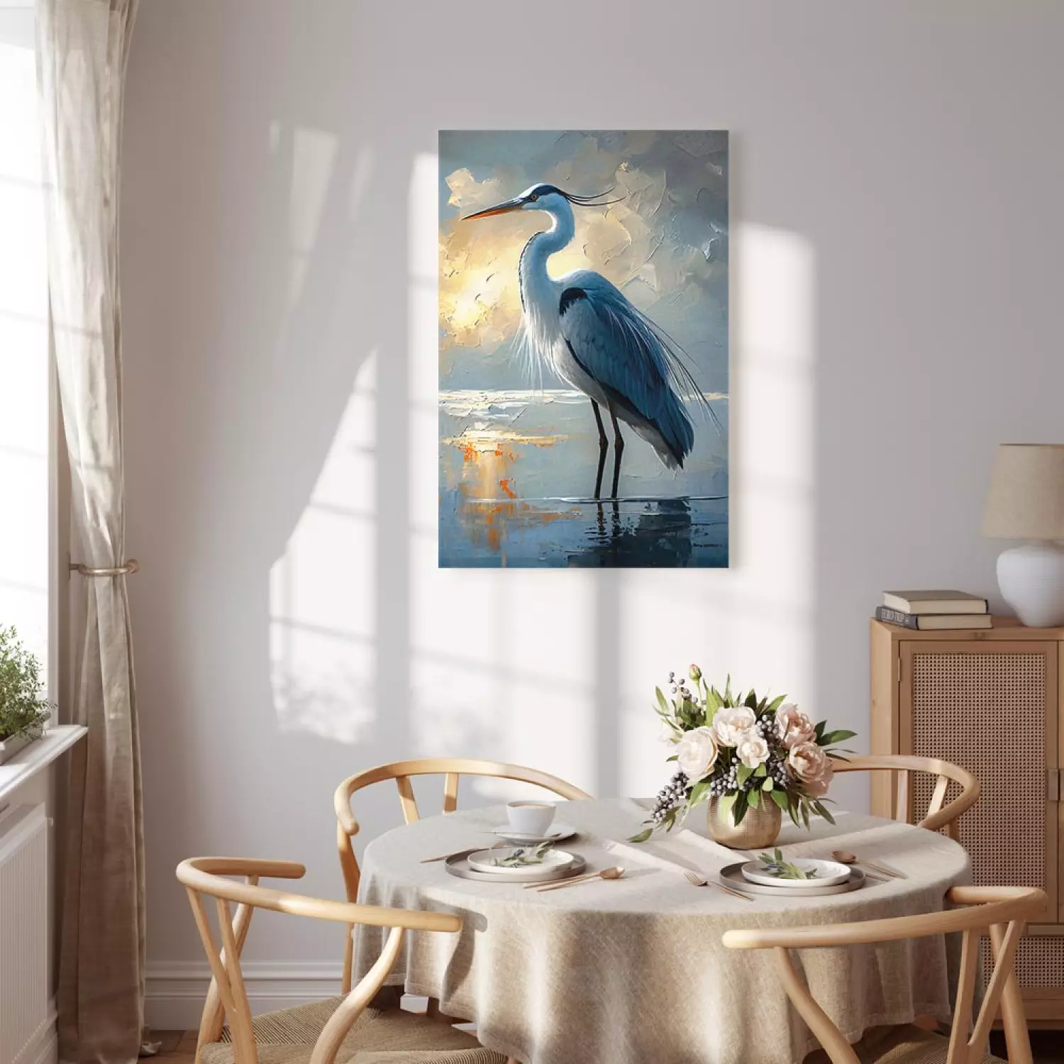 Canvas Heron on the Lake - Subtle Sunrise Colors and Bird in Water