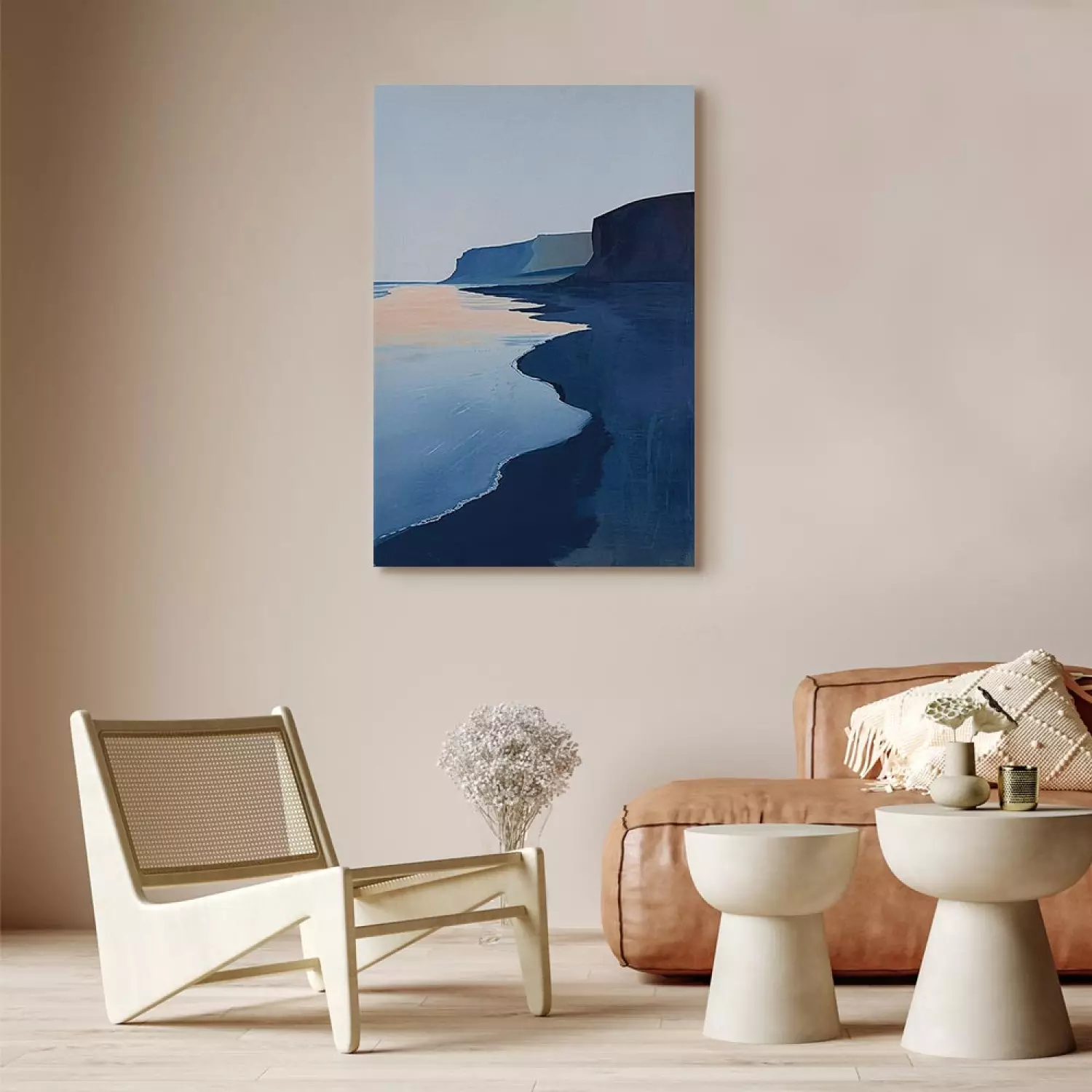 Canvas Art Print Sea Cliffs - Calm Beach with Dark Rocks at Sunrise