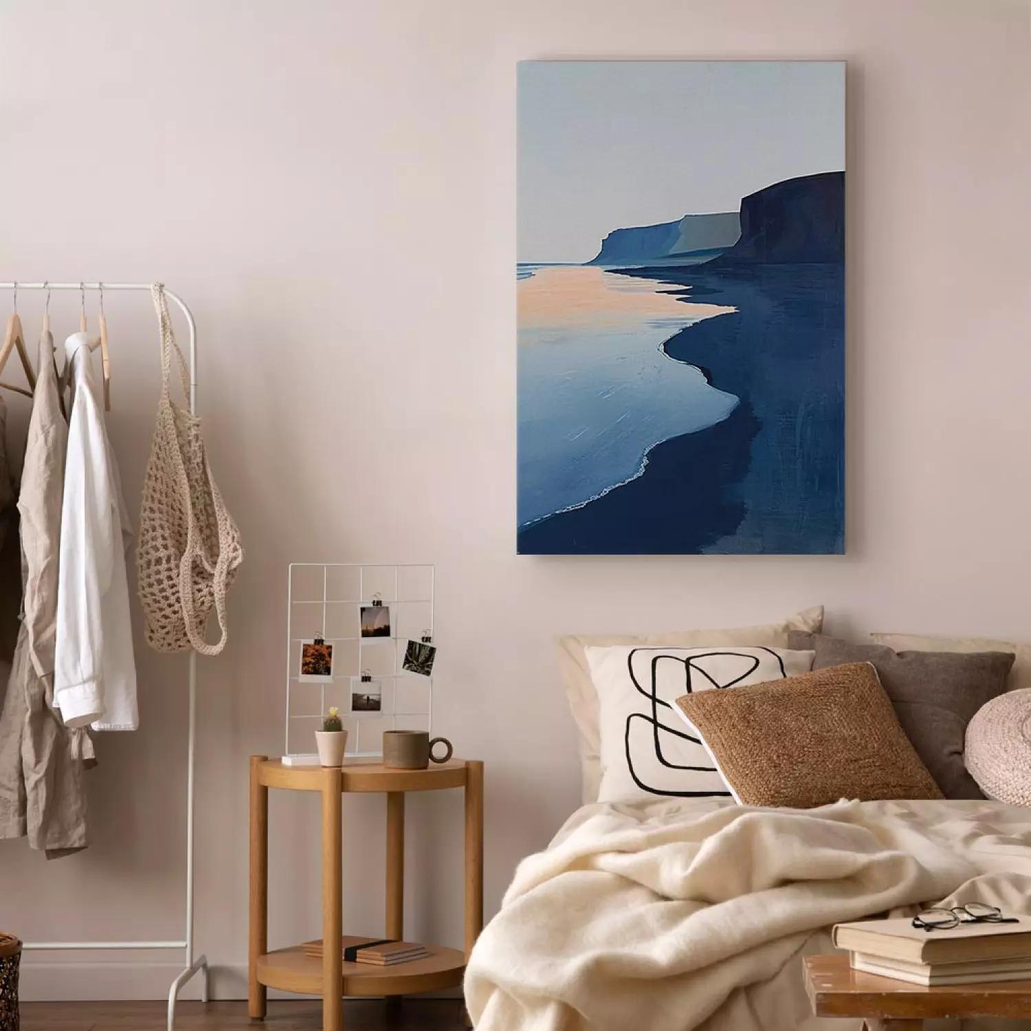 Canvas Art Print Sea Cliffs - Calm Beach with Dark Rocks at Sunrise