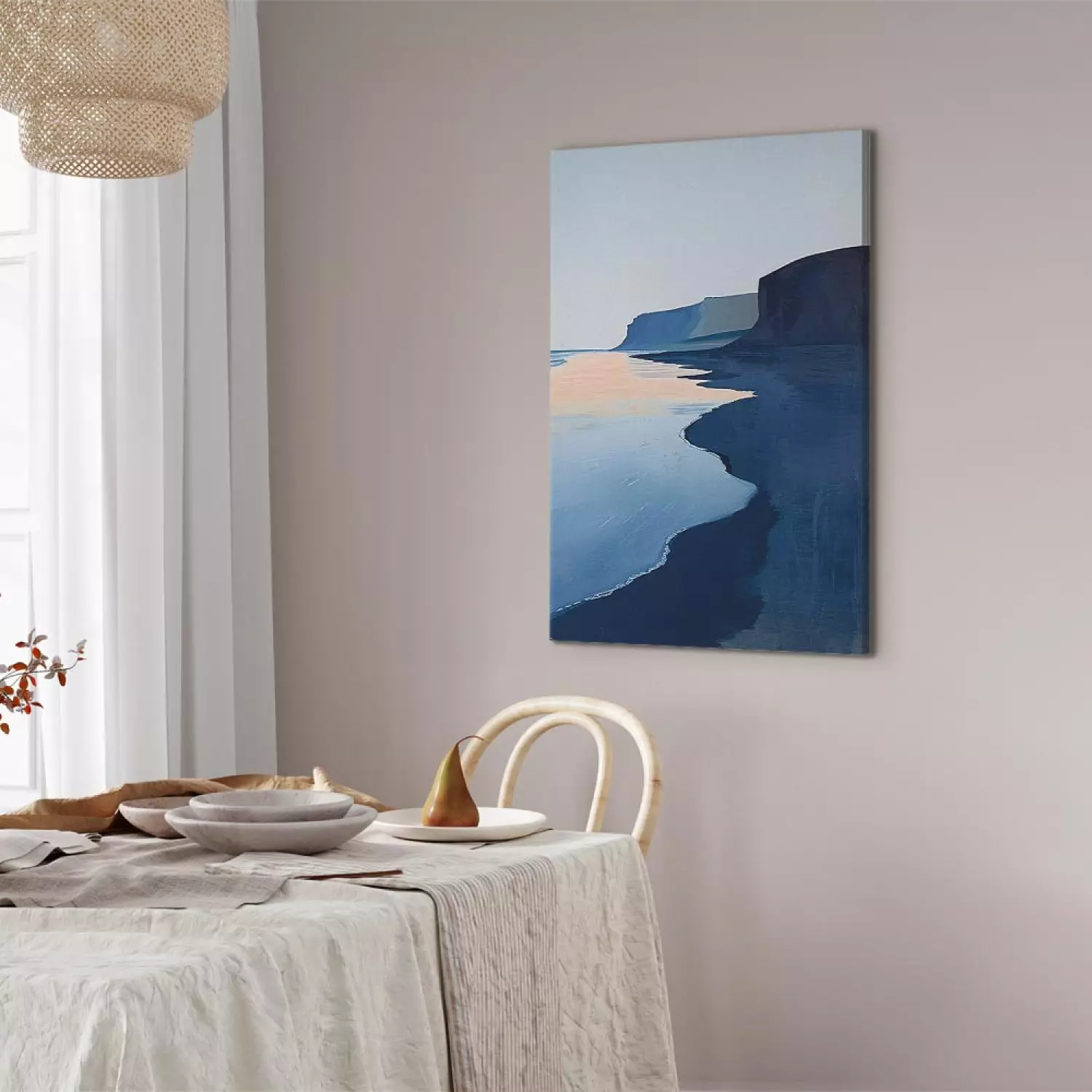Canvas Art Print Sea Cliffs - Calm Beach with Dark Rocks at Sunrise