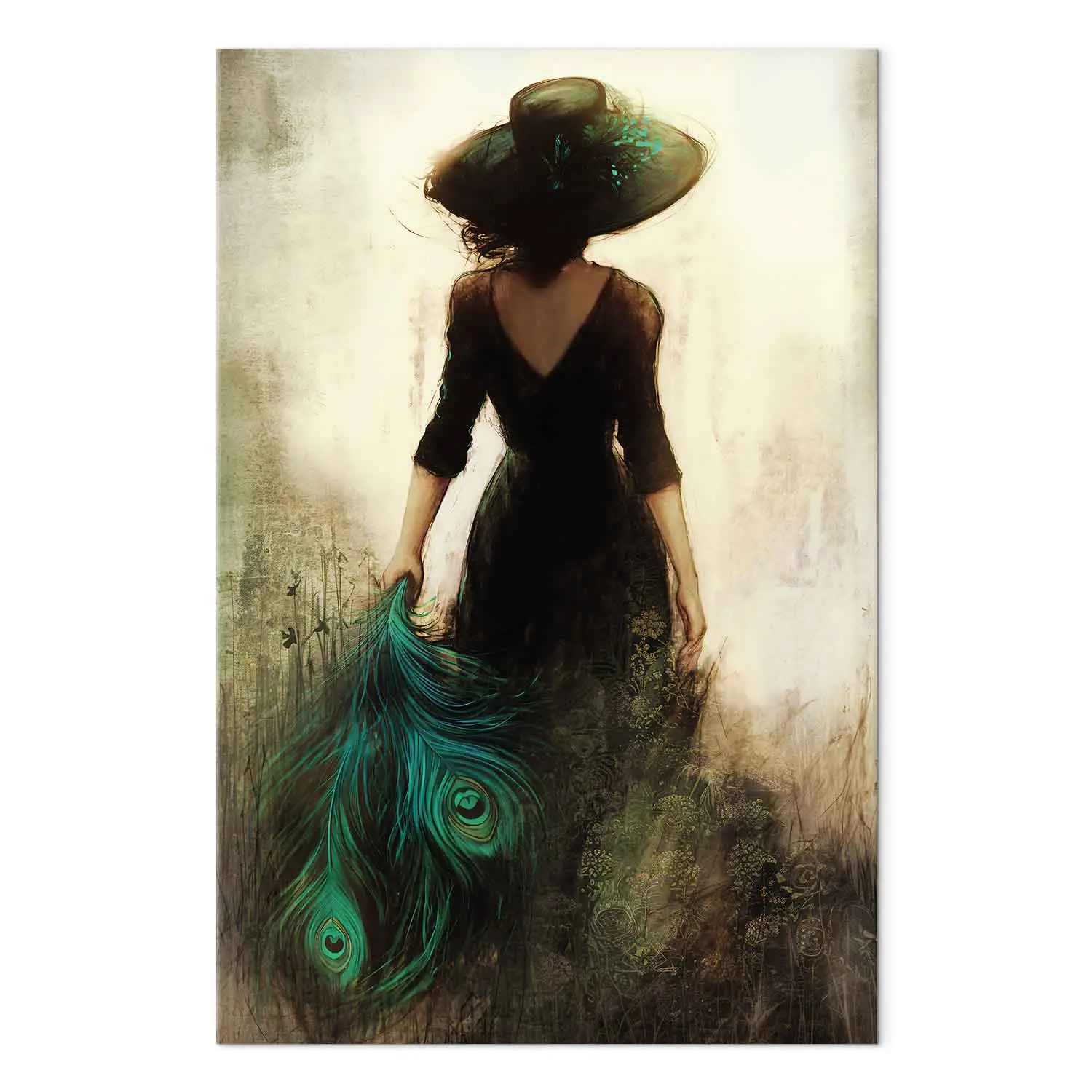 Large canvas print Summer Memory - Woman in Dark Dress with Peacock Feather Large canvas print Summer Memory - Woman in Dark Dress with Peacock Feather