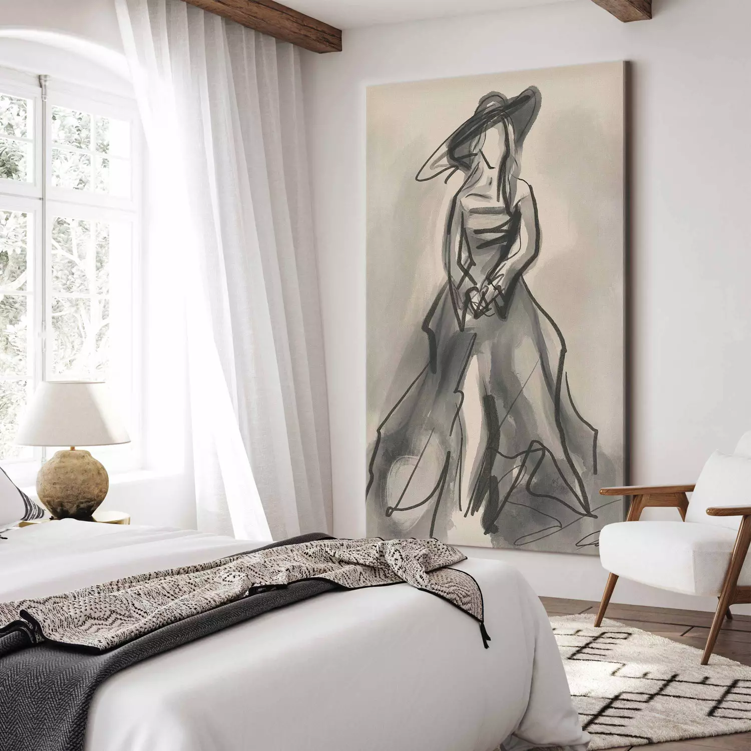 Large XXL canvas print Hat and Dress - Minimalist Sketch of