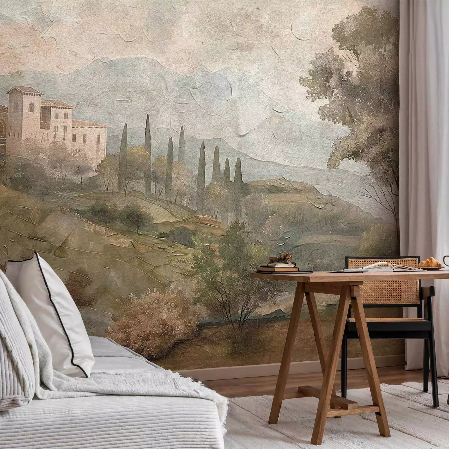 Photo Wallpaper Tuscan Villa - Picturesque Landscape with Cypresses and Old Building