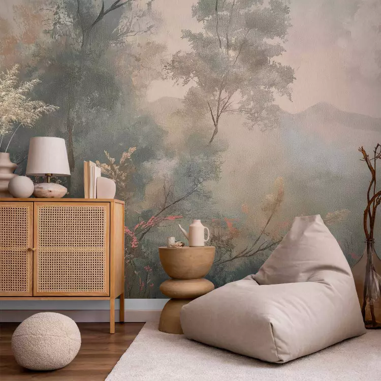 Forest Idyll - Peaceful View of Trees and Bushes in the Morning Mist