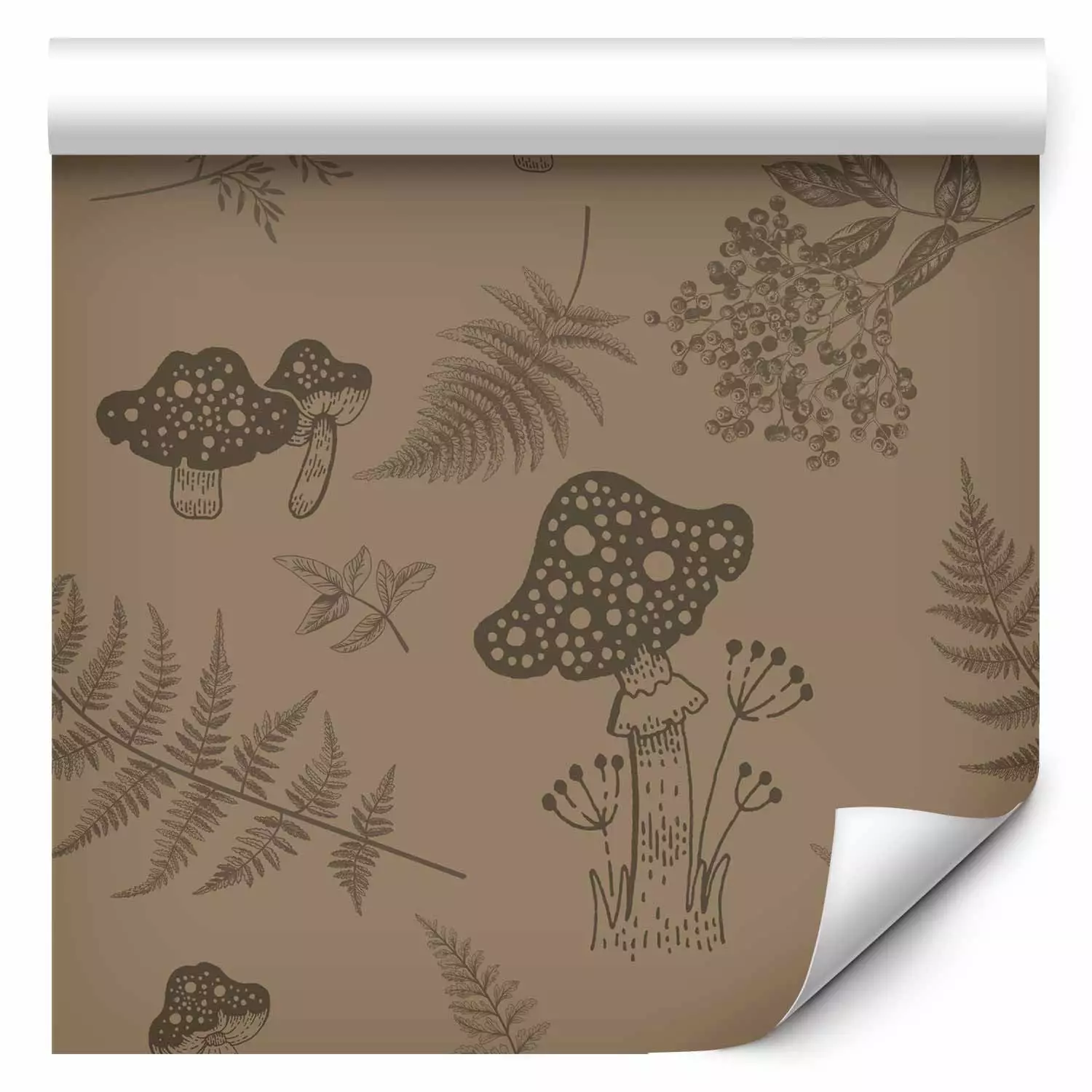 Wallpaper Forest toadstools - graphic drawing of mushrooms and leaves on a brown background
