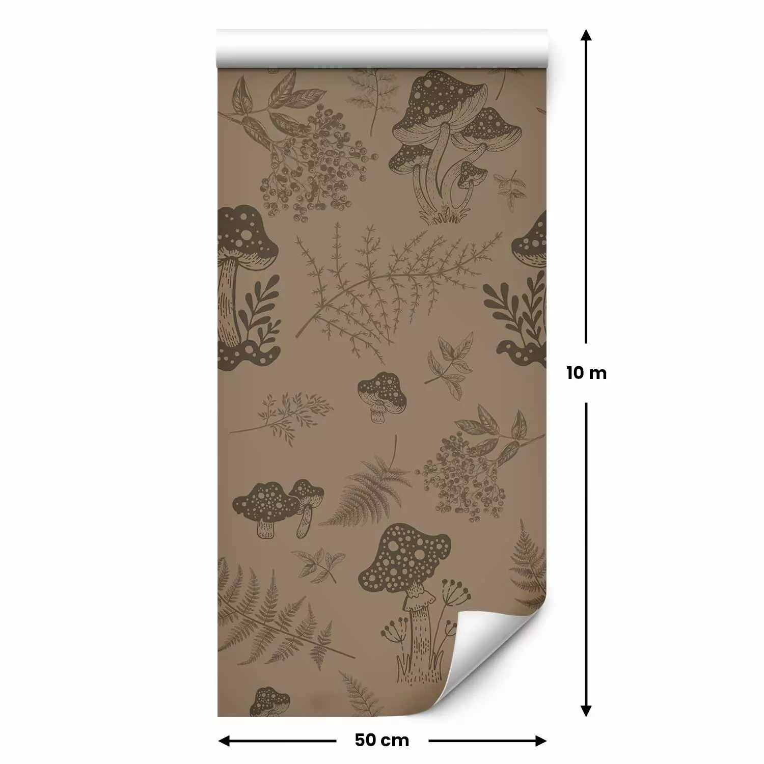 Wallpaper Forest toadstools - graphic drawing of mushrooms and leaves on a brown background