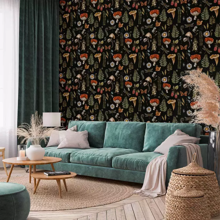 Night meadow - mushrooms and ferns in the style of old illustrations, on a dark background