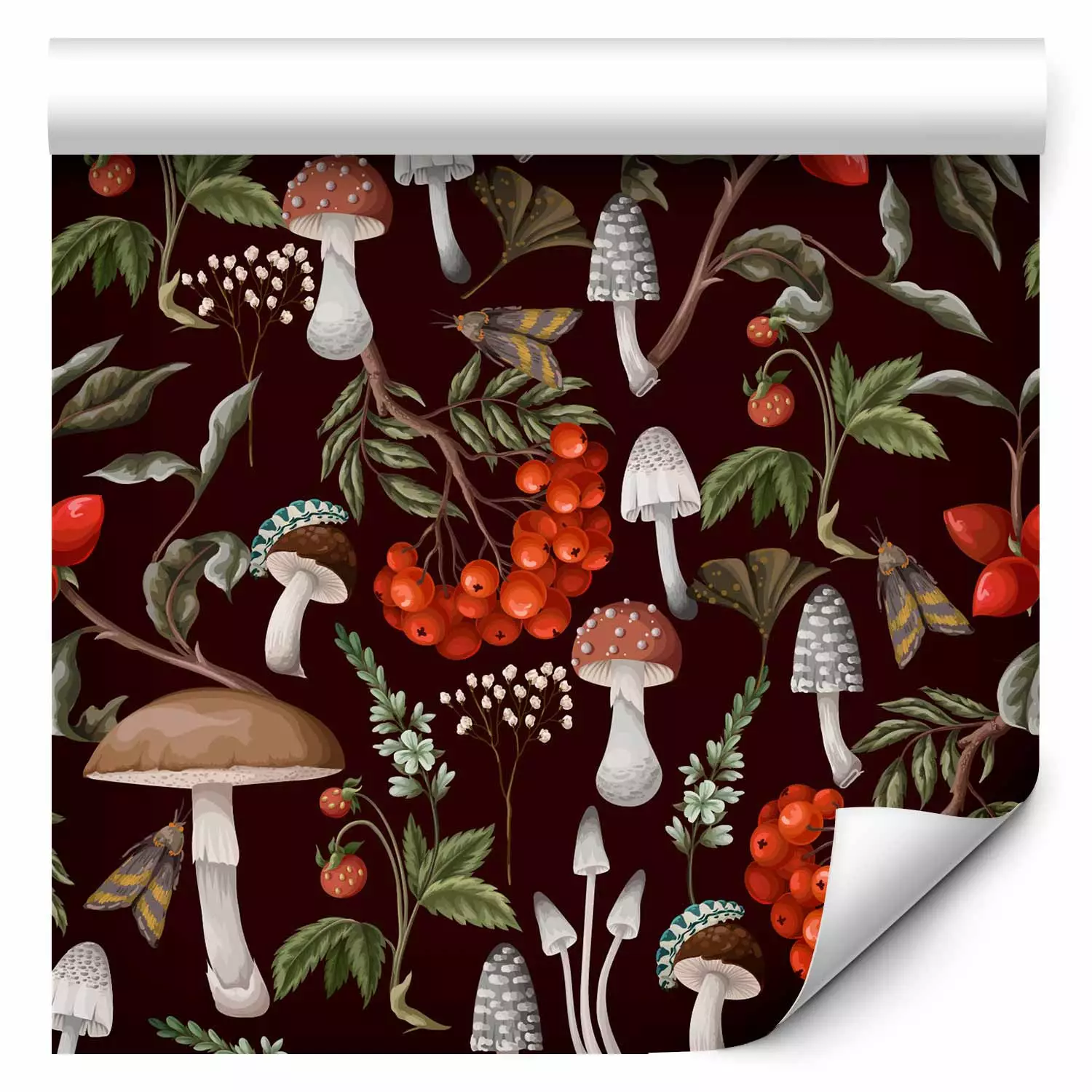 Modern Wallpaper Fruits of the forest - illustration of mushrooms, rowan berries and wild strawberries on a black background