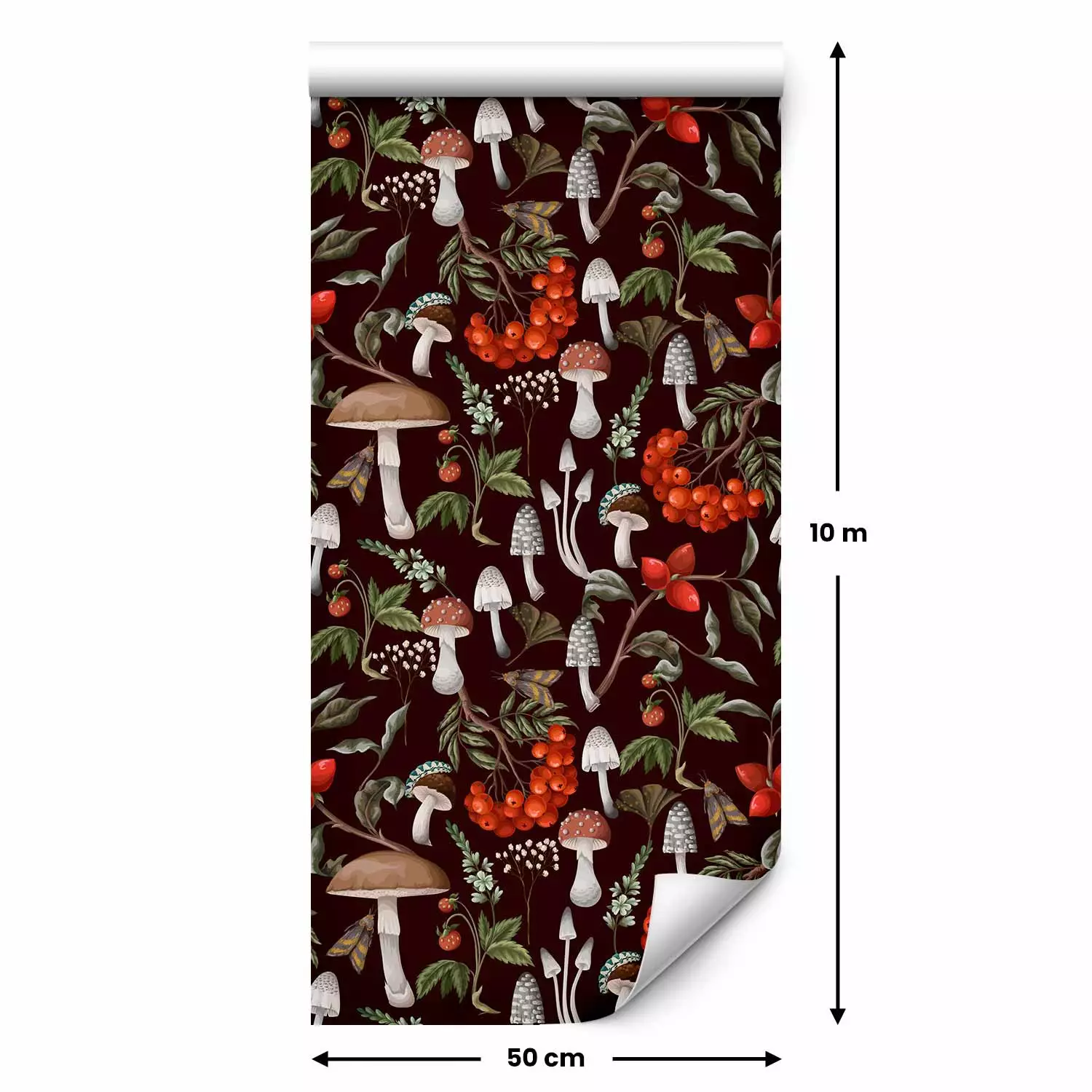Modern Wallpaper Fruits of the forest - illustration of mushrooms, rowan berries and wild strawberries on a black background