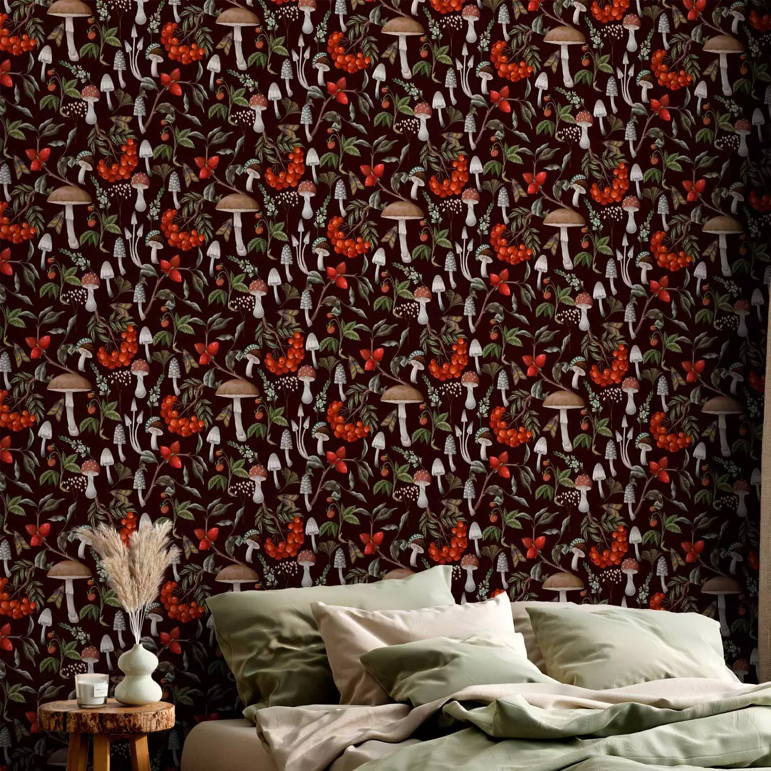 Modern Wallpaper Fruits of the forest - illustration of mushrooms, rowan berries and wild strawberries on a black background