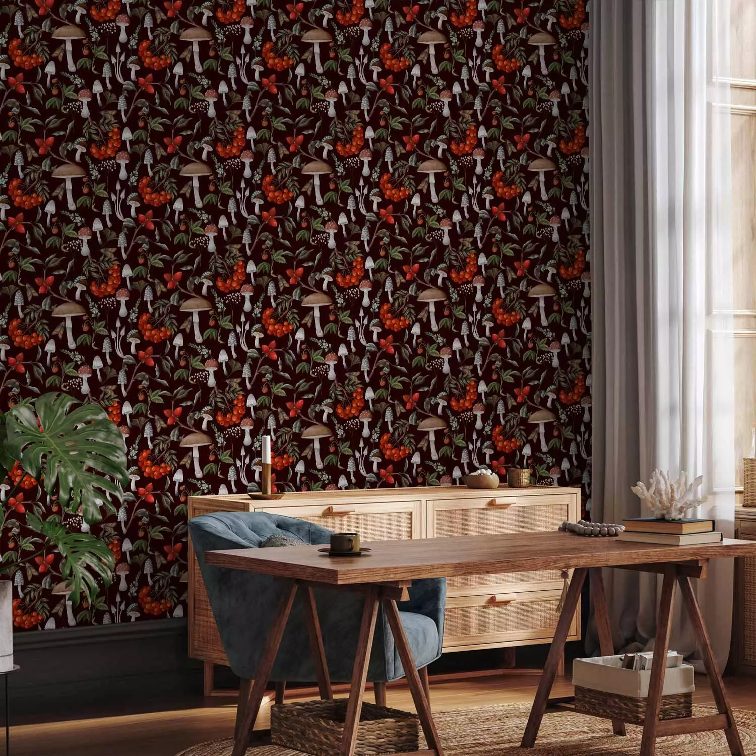 Modern Wallpaper Fruits of the forest - illustration of mushrooms, rowan berries and wild strawberries on a black background