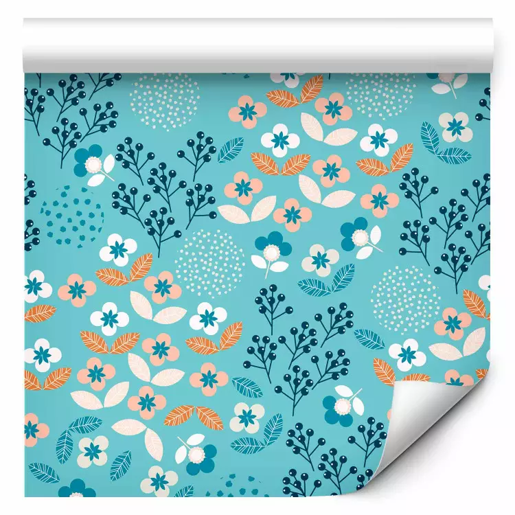 Scandinavian meadow - illustration of delicate flowers, leaves and twigs on a turquoise background