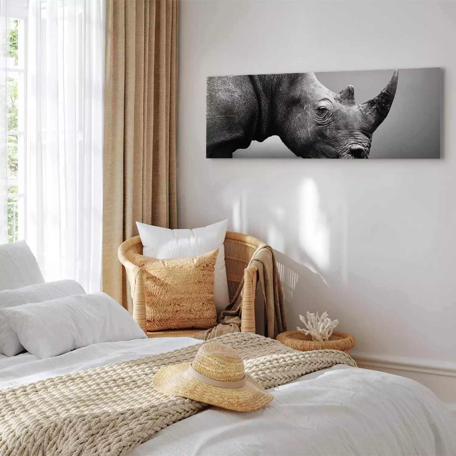 Canvas Art Print A stately rhinoceros - a black and white animal on a plain background