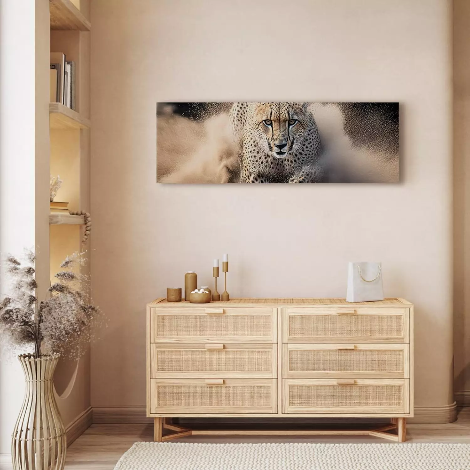 Canvas Art Print Running cheetah - majestic wild animal running in the sand
