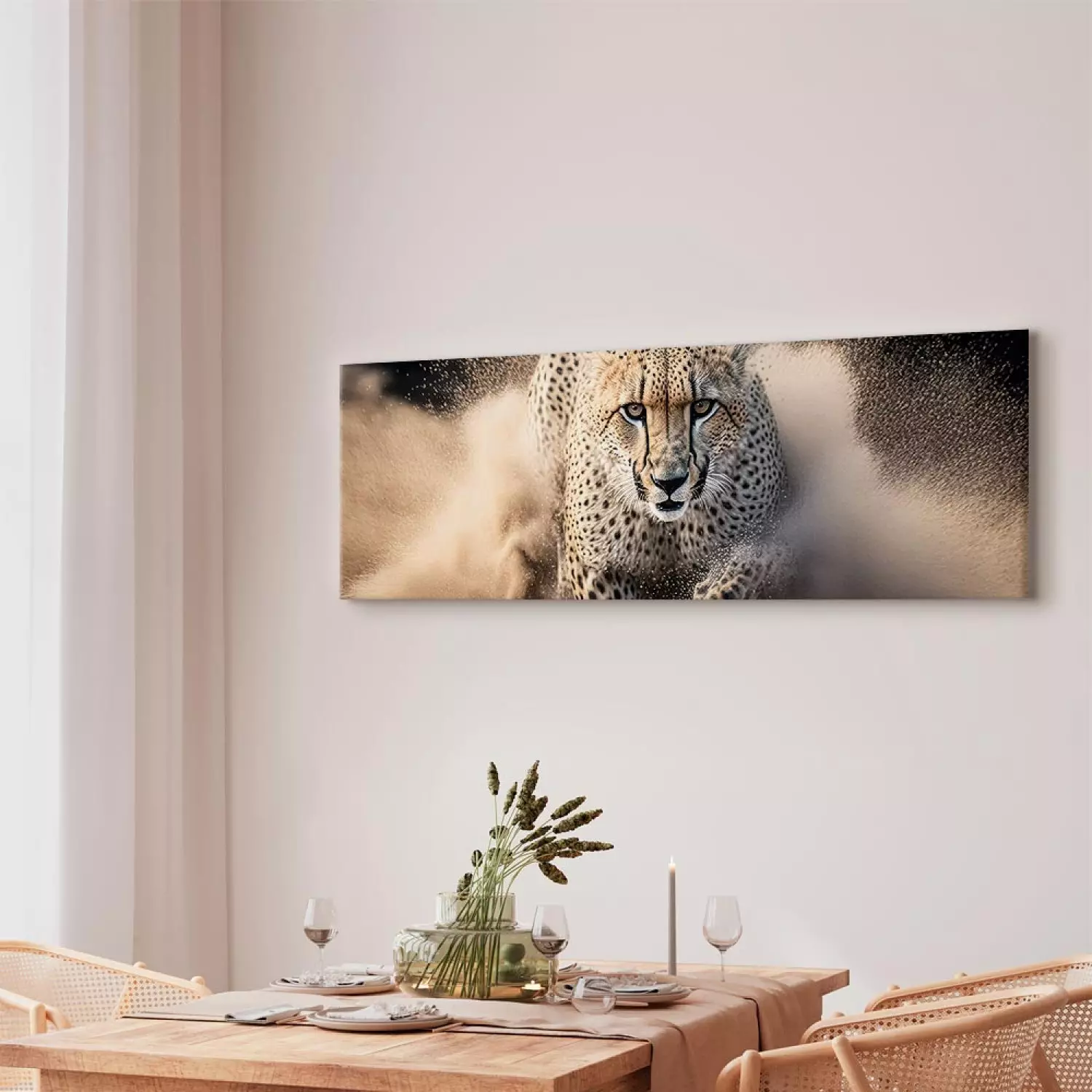 Canvas Art Print Running cheetah - majestic wild animal running in the sand