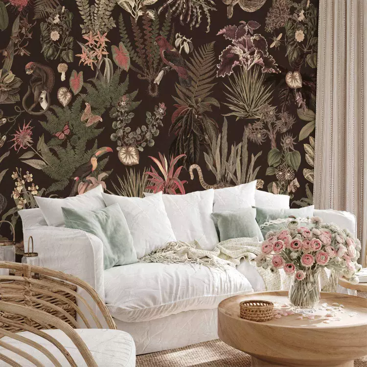 Night jungle - exotic plants and animals against a dark background