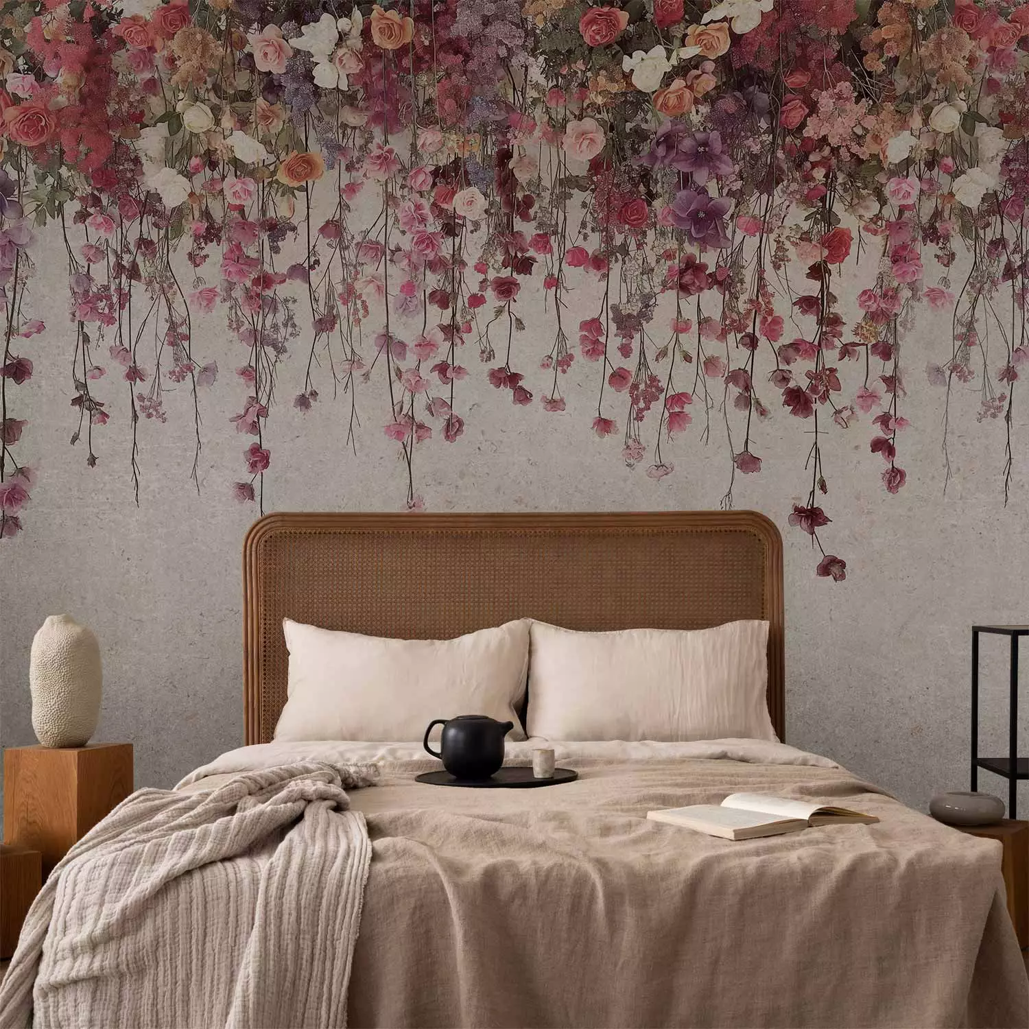Wall Mural Hanging flowers - a delicate composition of roses and plants on a light background