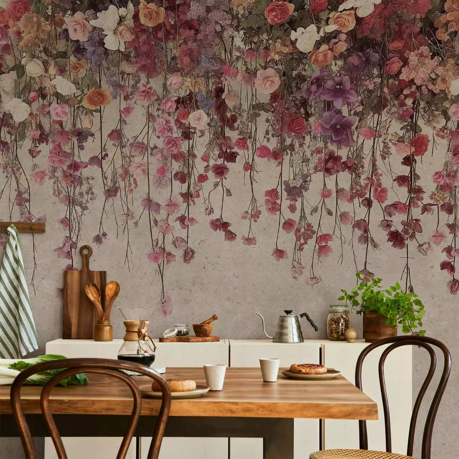 Wall Mural Hanging flowers - a delicate composition of roses and plants on a light background