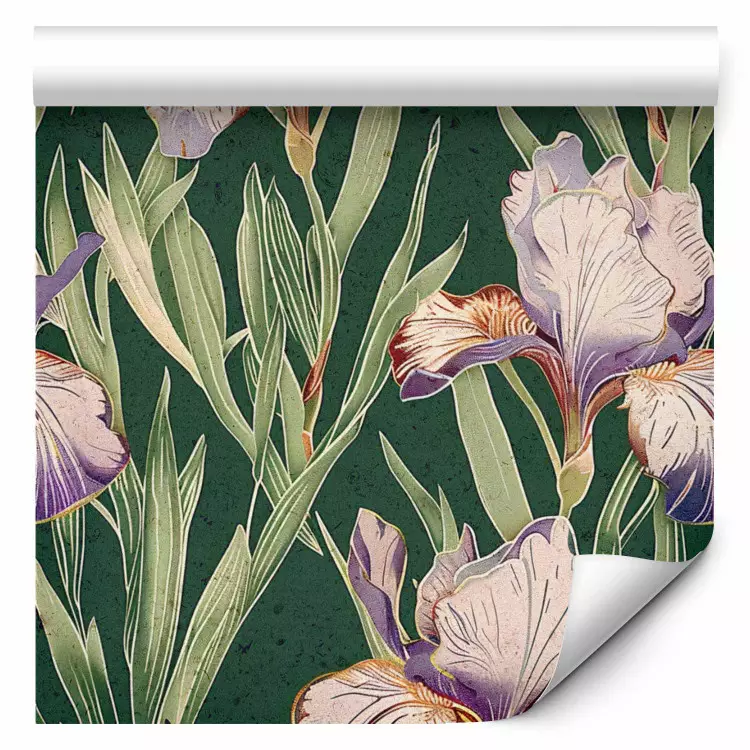 Floral engravings - delicate purple irises on a dark green background