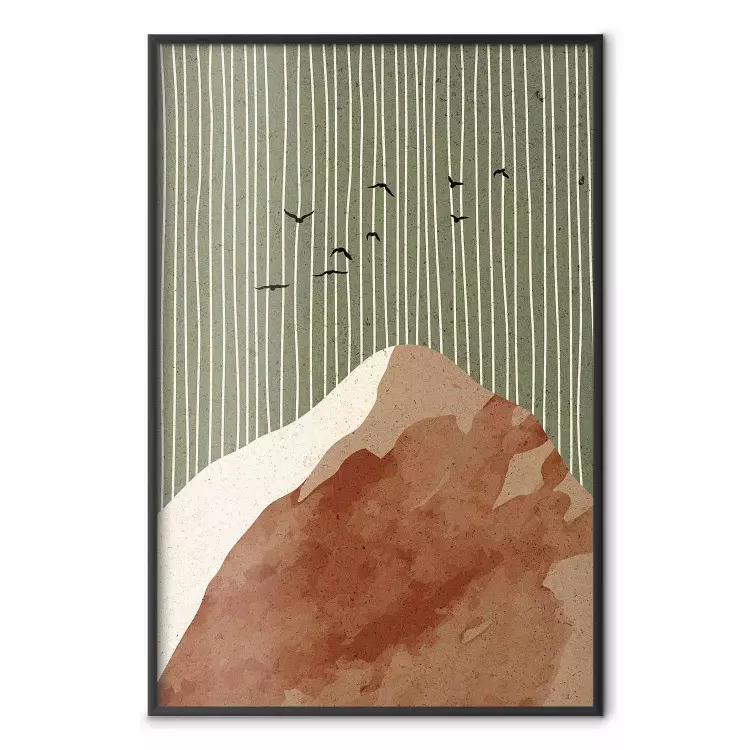 Flying in the green sky - abstract mountain with vertical lines and birds