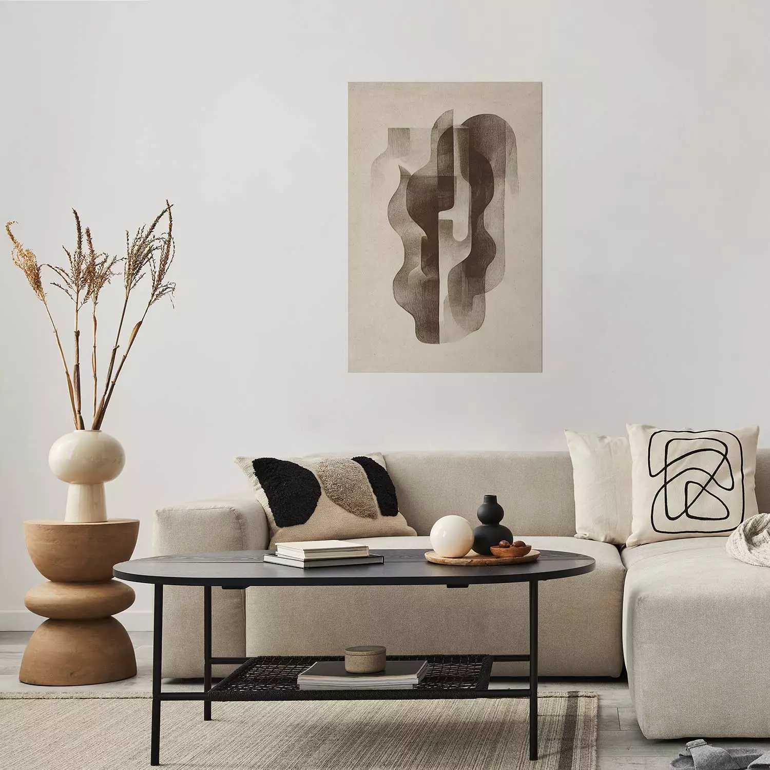 Poster Waving shadows - flowing graphite forms on beige paper