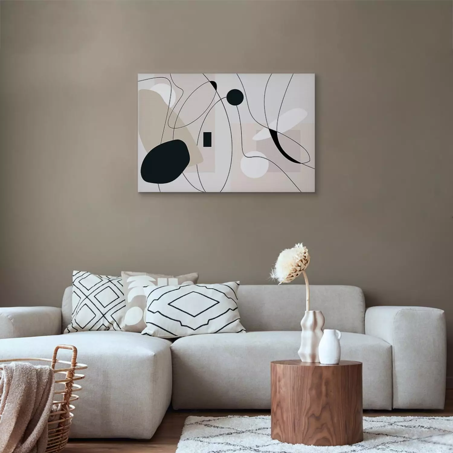 Canvas Print Abstraction - Black Shapes Connected by Lines on a Beige Background