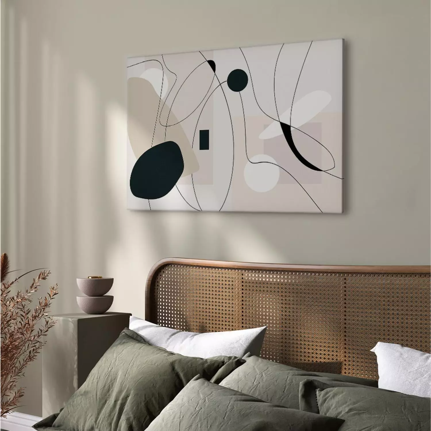 Canvas Print Abstraction - Black Shapes Connected by Lines on a Beige Background
