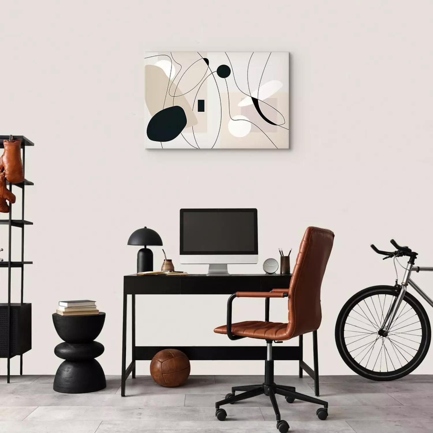 Canvas Print Abstraction - Black Shapes Connected by Lines on a Beige Background