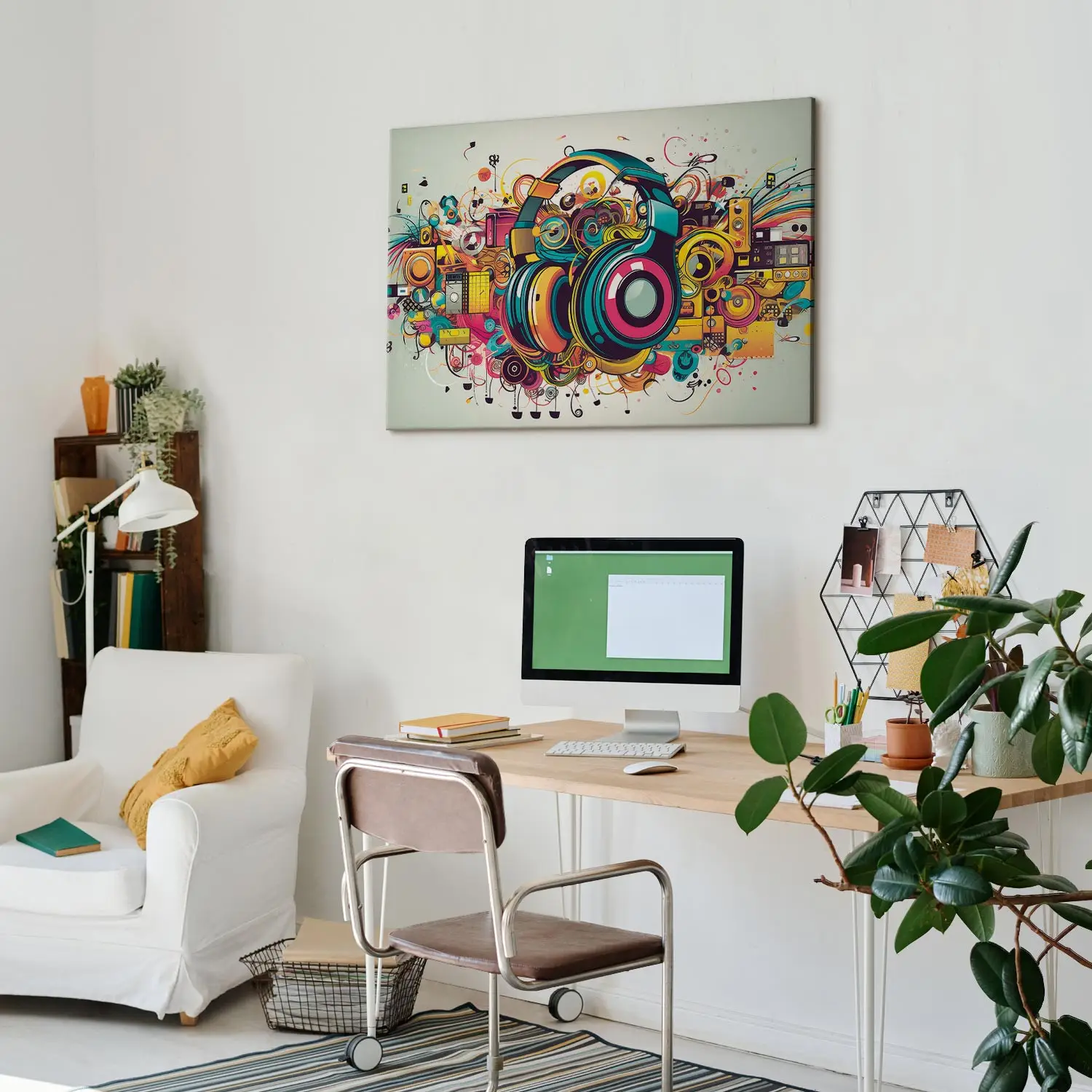 Canvas Wall Art Multicolored headphones - attributes of a music