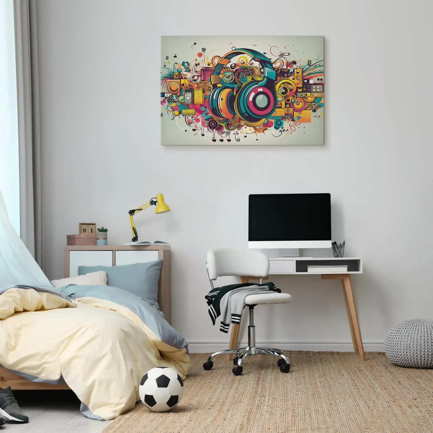 Canvas Wall Art Multicolored headphones - attributes of a music