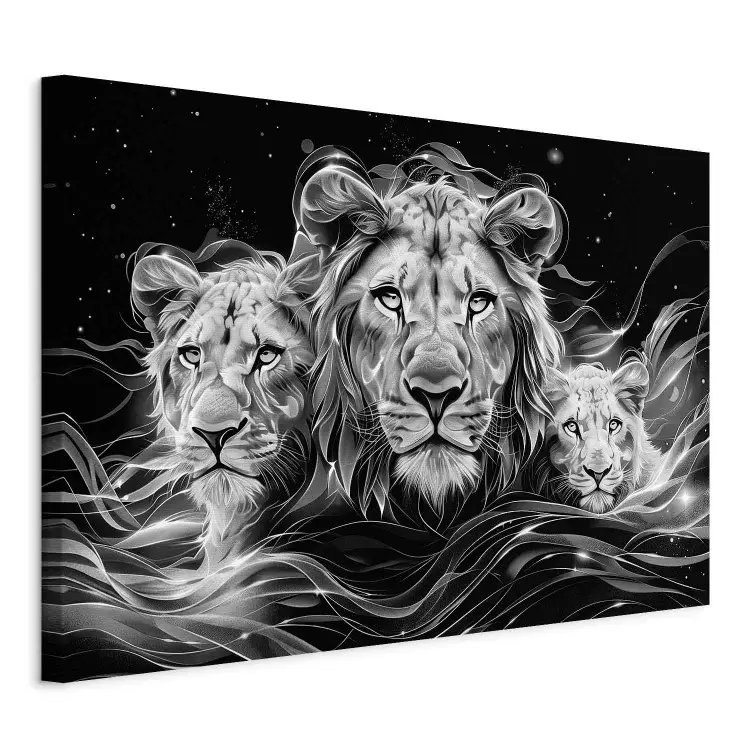 Lion Family - Portrait of Black and White Lions in a Dark Scene