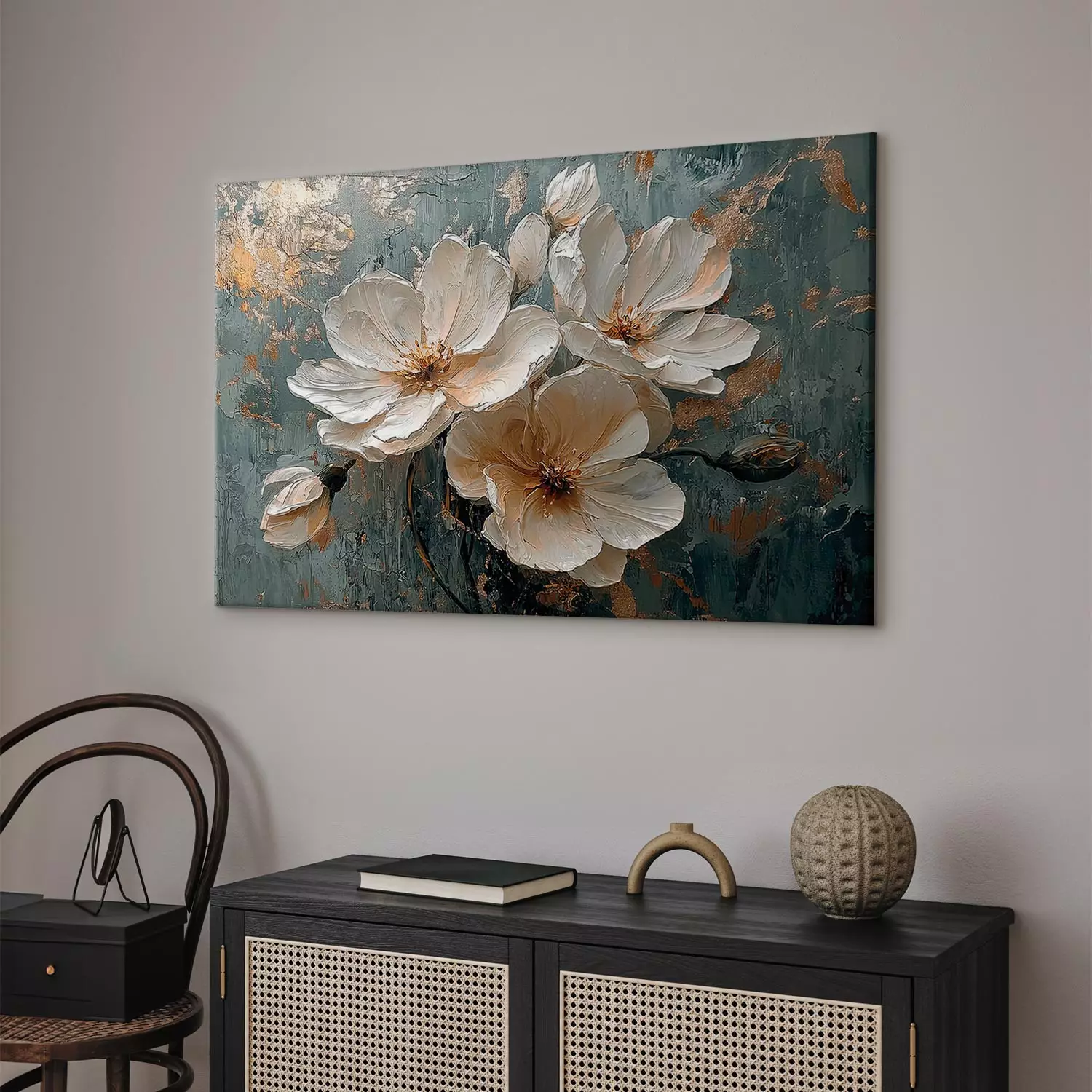 Canvas Art Print White apple tree - flowering plants on a blue and gold background
