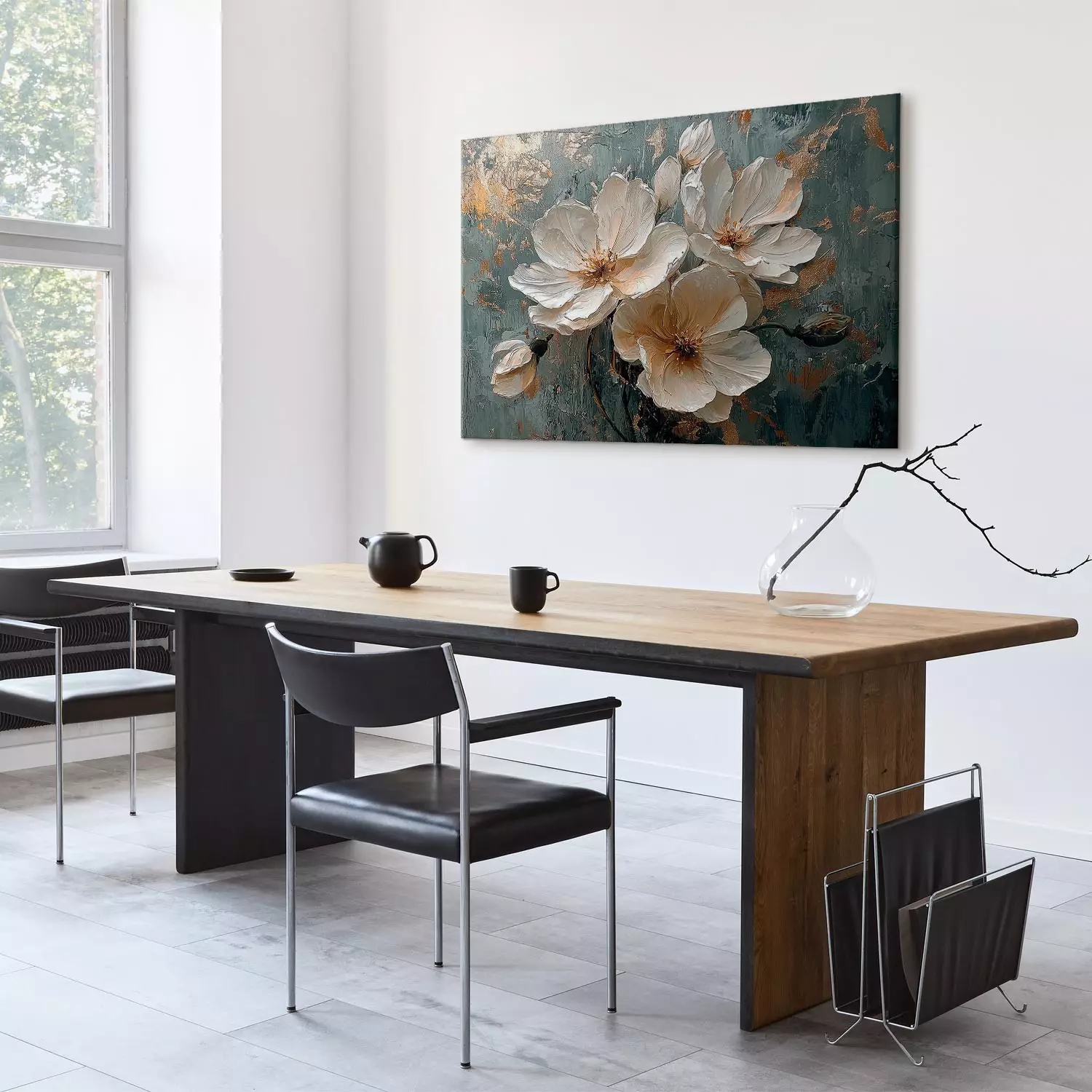 Canvas Art Print White apple tree - flowering plants on a blue and gold background