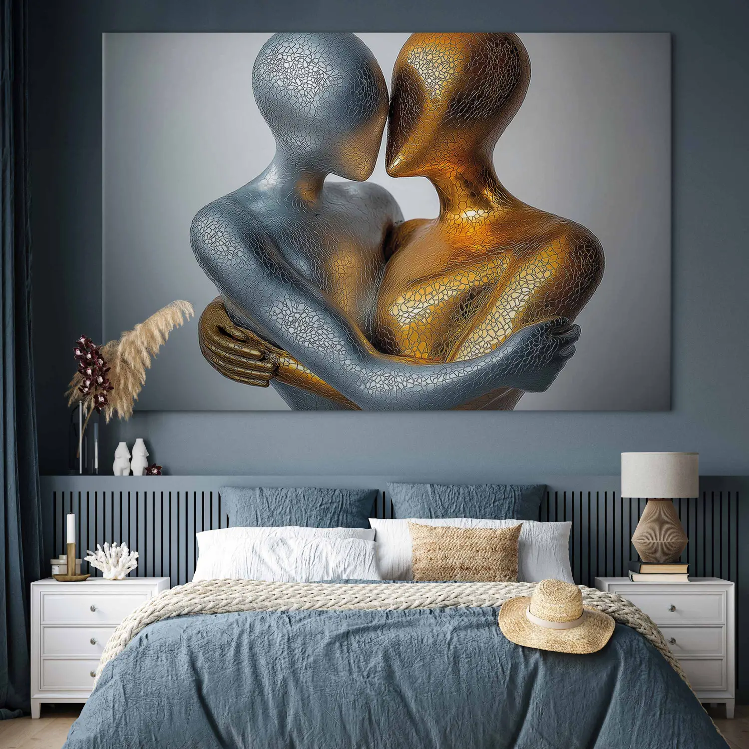 Large XXL print Love of two figures - golden and silver figure